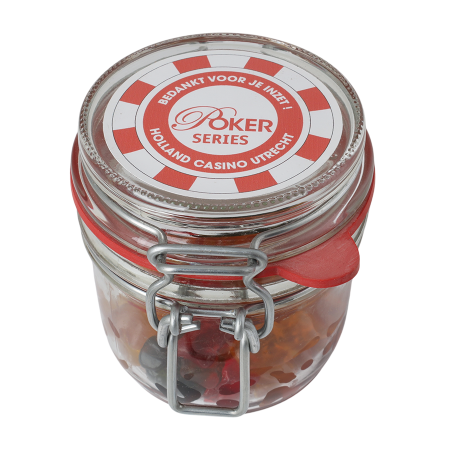 Glazen weckpot 255 ml., met divers Europees snoep