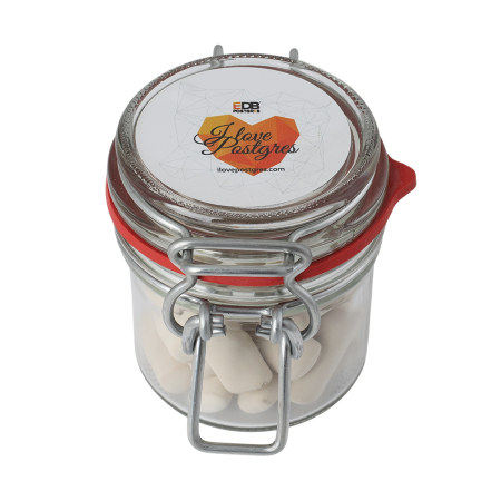 Glazen weckpotje 125 ml. met divers Europees snoep