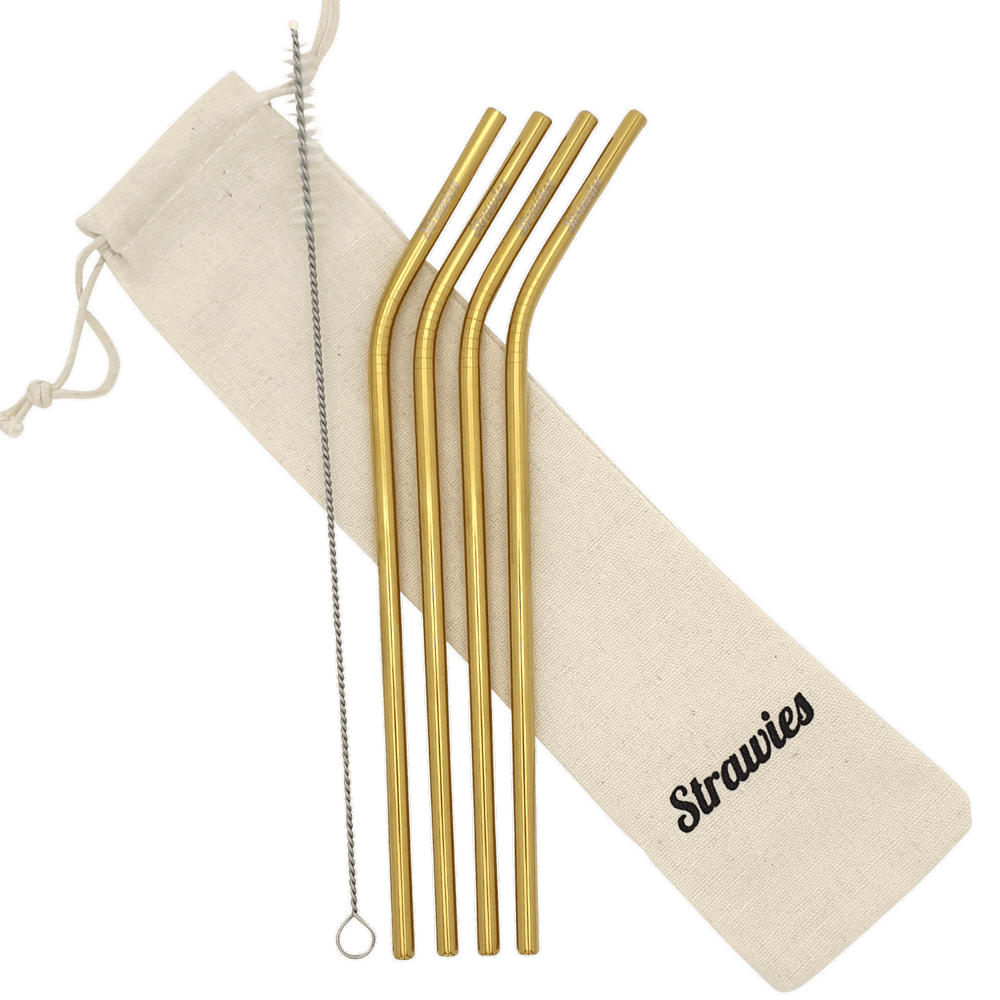 4 gouden Strawies™ + zakje + borstel + tuitjes