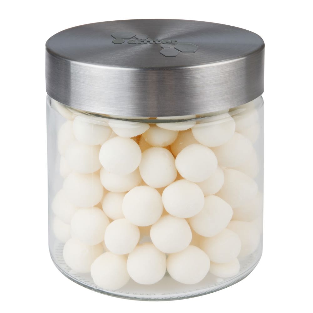 Glazen pot 0,9 liter met embossing, gevuld met snoep