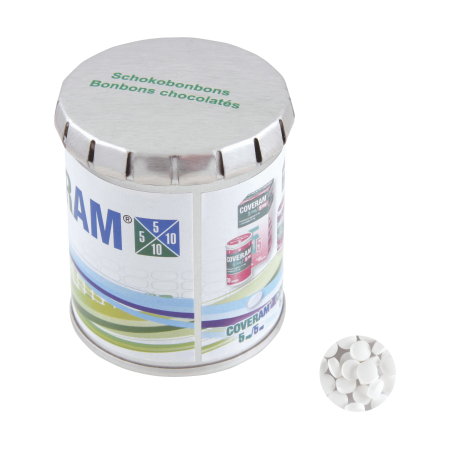 Hoog click clack blik standaard gevuld met DutchDex dextrose mints.