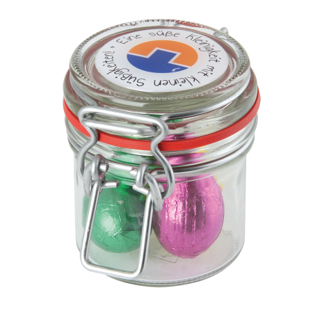 Glazen weckpotje 125 ml. met divers Europees snoep (B)