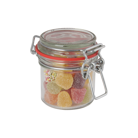Glazen weckpotje 125 ml. met divers Europees snoep
