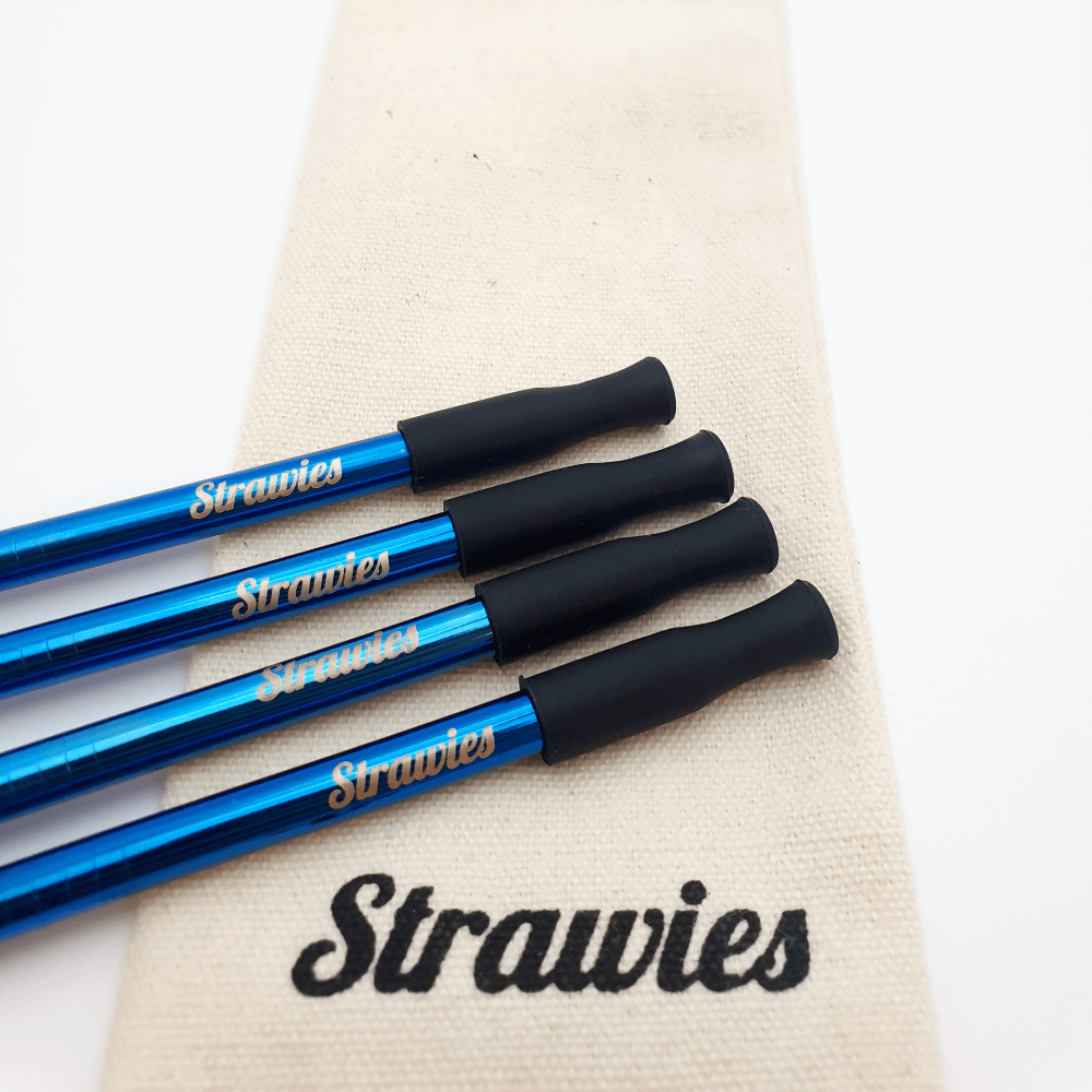 4 blauwe Strawies™ + zakje + borstel + tuitjes