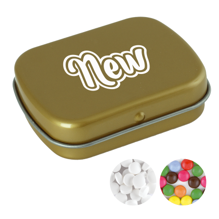 Scharnierblik, met divers Europees snoep, standaard gevuld met DutchDex dextrose mints.